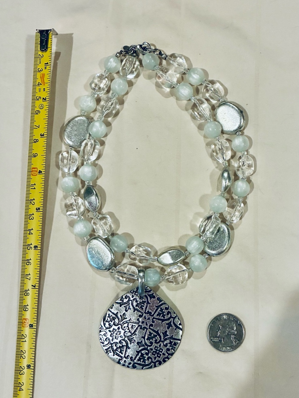 NWOT White Crystal, Silver Beaded Pendant Necklace w/ Removable Magnetic Penda